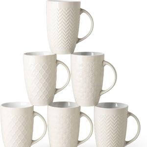 (Beige) AmorArc Extra Large Coffee Mugs Set of 6, 20oz Ceramic Tall Coffee Mugs Set with Textured Geometric Patterns for Coffee/Tea/Beer/Hot Cocoa, Dishwasher & Microwave Safe