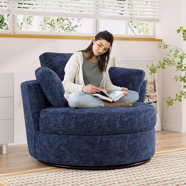 JEEOHEY Swivel Accent Barrel Chair, 42'' W Chenille Upholstered Round Swivel Chair, 360 Degree Modern Oversized Round Armchair, Comfy Single Sofa Chair for Nursery, Living Room, Bedroom(Navy Blue)