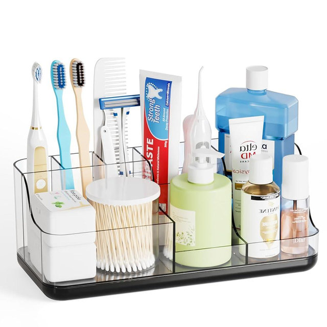 Yieach Black Mens Bathroom Organizer,Bathroom Sink Organizer Storage Rack and Countertop Toothbrush Organizers,7 Slot Tooth Brush Holder Set for Kid,Electric Toothbrush,Toothpaste,Qtip,Toiletry Holder