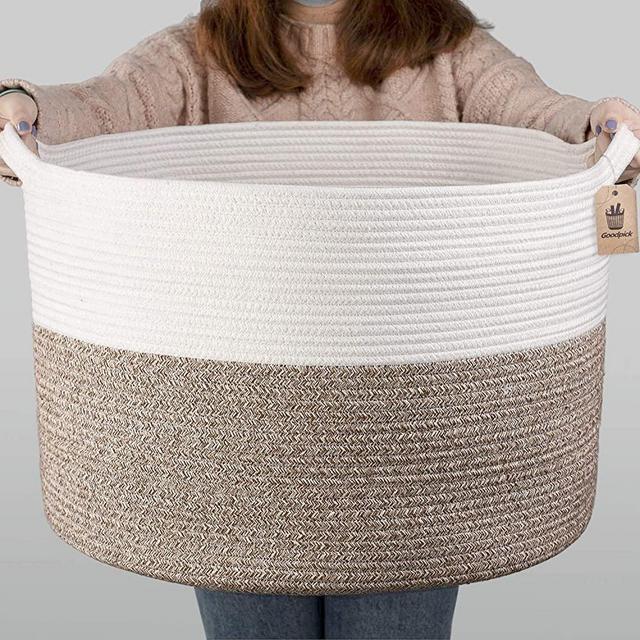 INDRESSME XXXLarge Cotton Rope Basket 21.7" x 21.7" x 13.8" Woven Baby Laundry Basket for Blankets Toys Storage Basket with Handle Comforter Cushions Storage Bins Thread Laundry Hamper