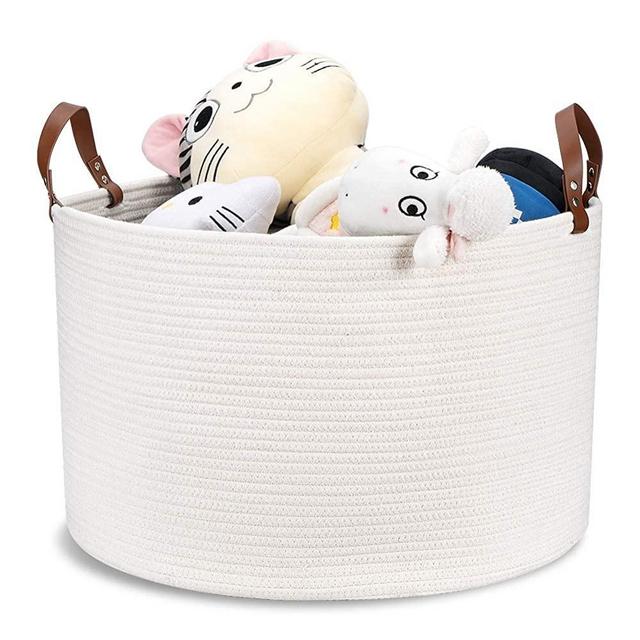 Woven Storage Basket XXLarge Cotton Rope Storage Basket 20"x13" Blanket Basket with Leather Handles, Woven Laundry Basket Nursery Hamper Toy Storage Basket - Cream White