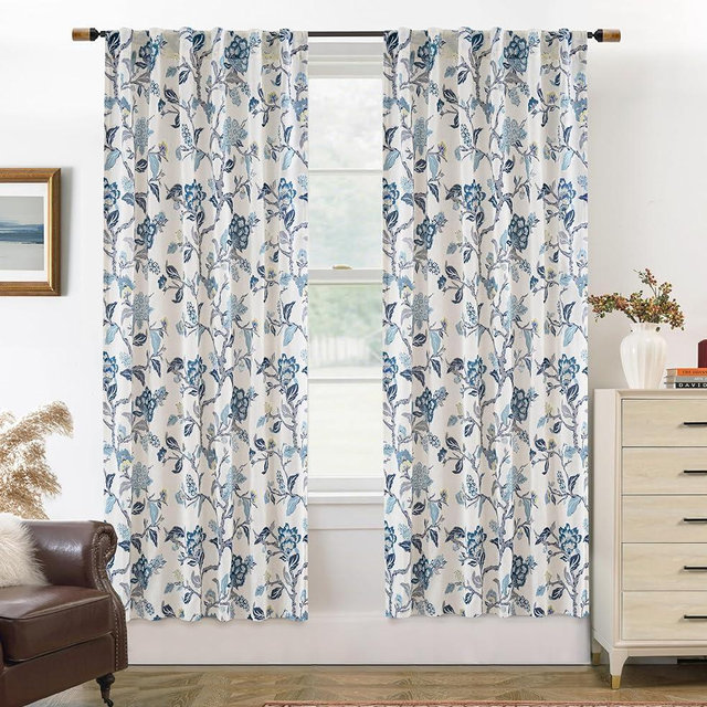 DriftAway Ada Floral Botanical Print Flower Leaf Lined Thermal Insulated Room Darkening Linen Blend 100% Blackout Back Tab Window Curtains 2 Layers Set of 2 Panels Each 52 Inch by 72 Inch Navy
