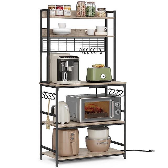 VASAGLE Hutch Bakers Rack with Power Outlet, 14 Hooks Microwave Stand, Adjustable Coffee Bar with Metal Wire Panel, Kitchen Hutch Storage Shelf, 15.7 x 31.5 x 66.9 Inches, Greige and Black UKKS025B02