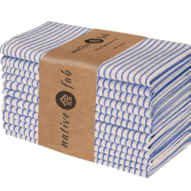 Native Fab Cloth Napkins 18x18 inches, 100% Cotton Vintage Stripped Dinner Napkins, Set of 12, Soft Breathable Absorbent, Machine Washable Cloth Napkins, Blue Beige