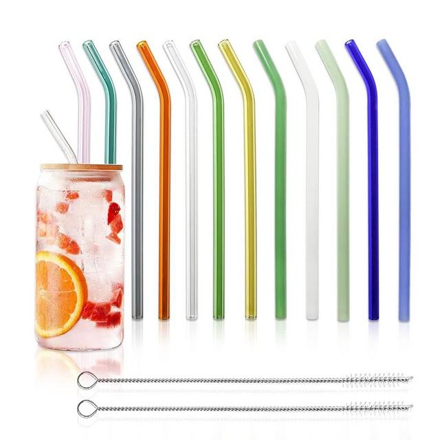 12 Pcs Reusable Glass Straws - 8" x 8 MM, Multi Color Bent Glass Drinking Straws with 2 Cleaning Brushes, Reusable Straws for Smoothies, Milkshake, Frozen Drinks, Tea, Juice