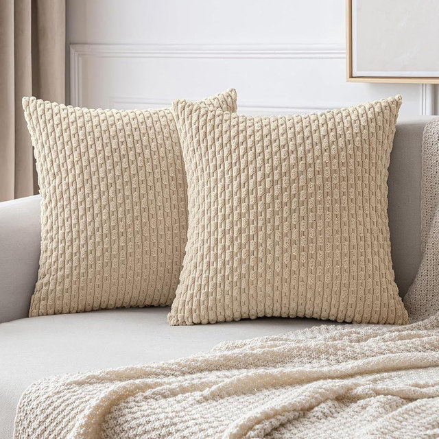 MIULEE Throw Pillow Covers Soft Corduroy Decorative Set of 2 Boho Striped Pillow Covers Pillowcases Farmhouse Home Decor for Couch Bed Sofa Living Room 16x16 Inch Beige