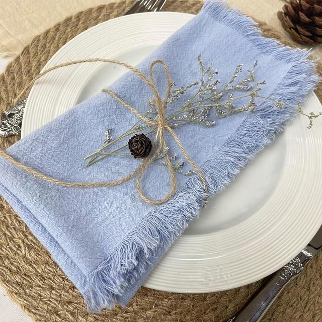 EHLDekol Handmade Cloth Napkins Set of 4, 100% Cotton Napkins, with Fringe, Delicate Napkins Cloth Washable, for Dinner, Wedding and Parties (18 x 18 Inches, Blue)