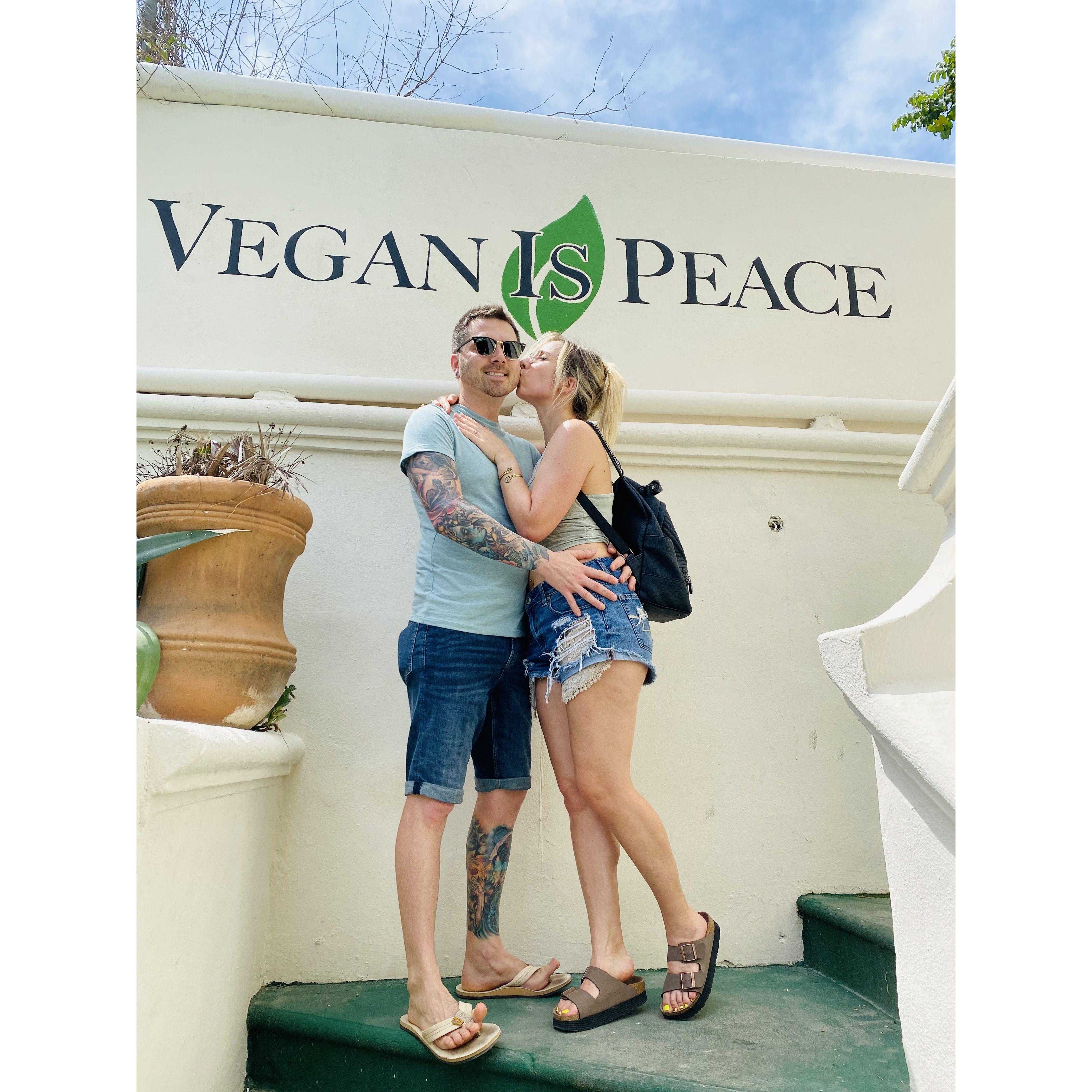 In front of one of our favorite restaurants while exploring Mexico.