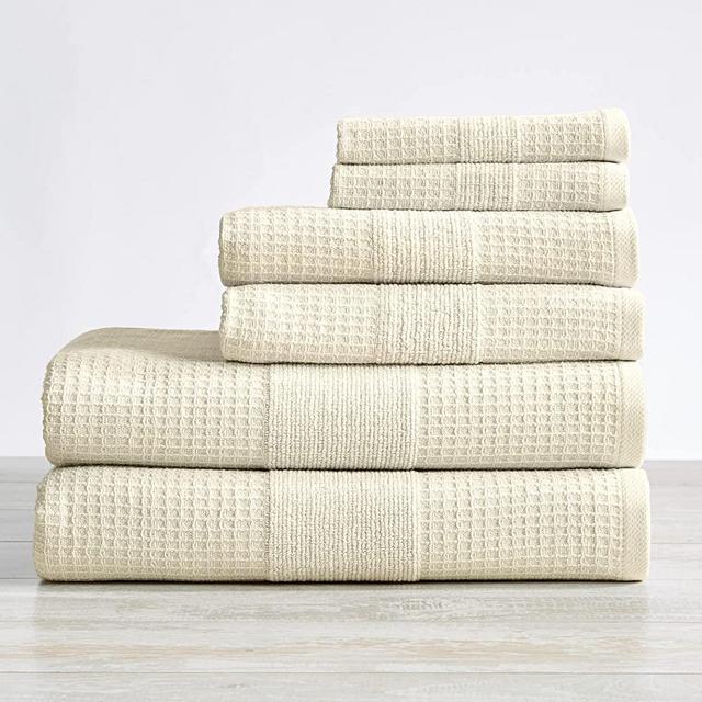 100% Cotton Waffle Weave Bathroom Towels. Absorbent Quick-Dry Plush Bath Towels. Soleia Collection (6 Piece Set, Oatmeal)