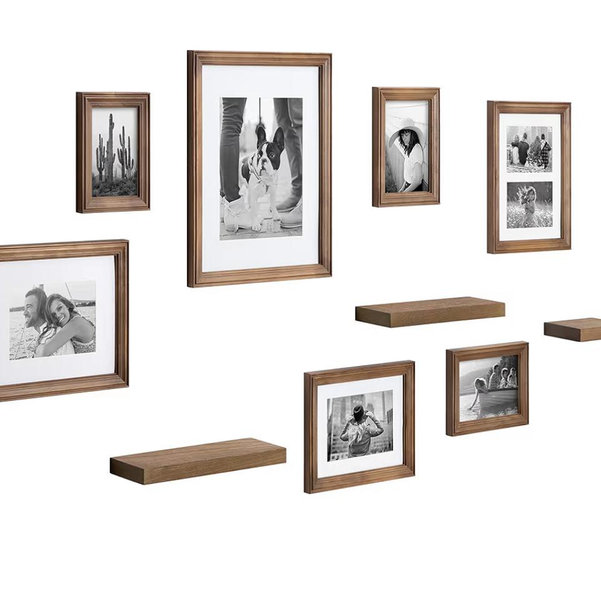 Bordeaux Gallery Wall Frame and Shelf Kit, Set of 10, Natural, Assorted Size Frames with Wood Finish and Three Display Shelves Included