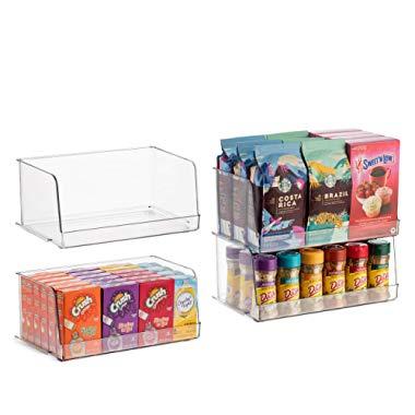 Set Of 4 Clear Pantry Organizer Bins Stackable Household Plastic Food Storage Basket with Wide Open Front for Kitchen, Countertops, Cabinets, Refrigerator, Freezer, Bedrooms, Bathrooms - 12" Wide