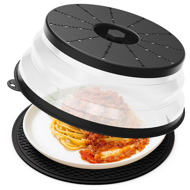 WVM Microwave Splatter Cover & Mat, Vented Collapsible Splatter Guard dish Plate lid & Silicone Round Kitchen Mat for Food, Meal Prep, Black