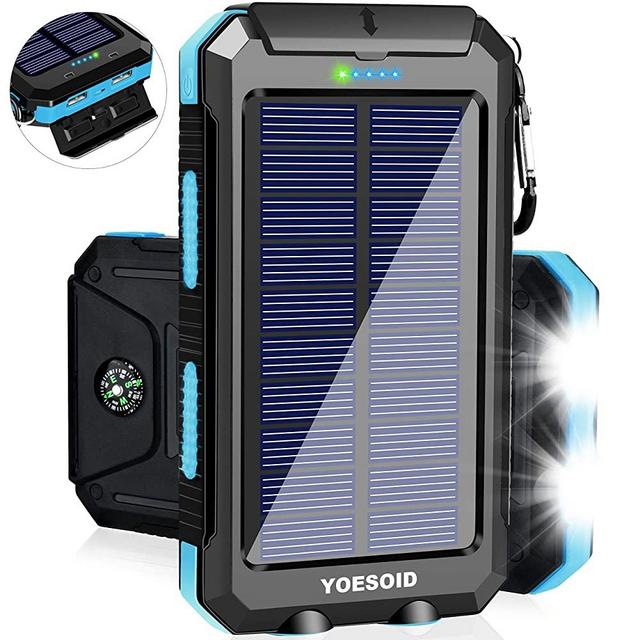 Solar Charger 20000mAh YOESOID Portable Outdoor Waterproof Solar Power Bank Camping External Battery Packs with Dual USB Output 2 Led Light Flashlight Compatible Most Smart Phones and Tablets