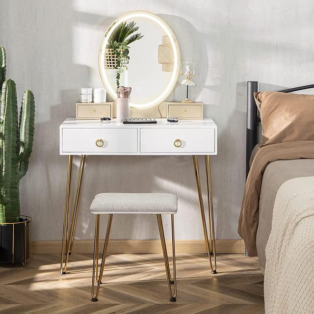 CHARMAID Vanity Set with Lighted Mirror, 3-Color Touch Screen Dimmable Mirror, 4 Drawers, Bedroom Makeup Dressing Table with Cushioned Stool for Women Girls, White
