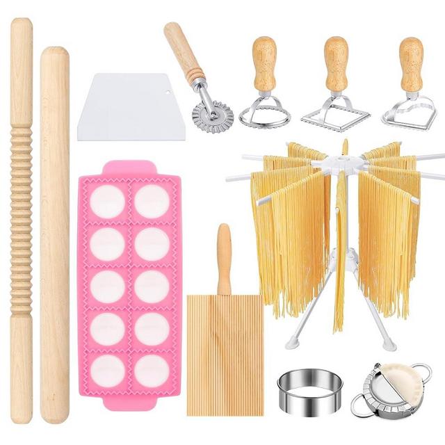 12 PCS Pasta Maker Tool Set Include 1 Pasta Drying Rack 1 Gnocchi Board 1 Dough Scraper 4 Ravioli Maker Cutter 2 Dumpling Maker Tool 1 Noodle Cutter 1 Rolling Pin 1 Pasta Stamp For Homemade Pasta