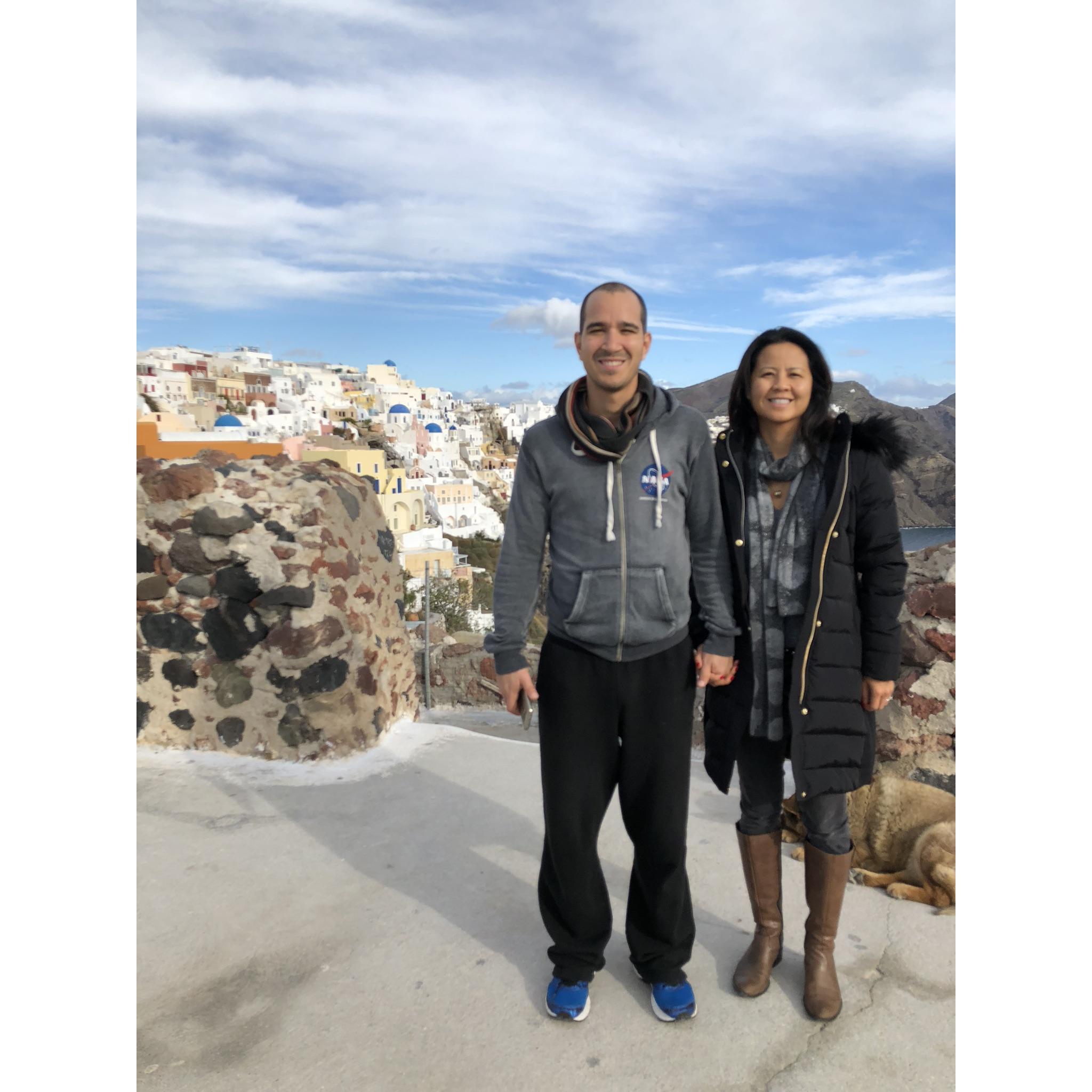 In Dec 2017 visiting Santorini for wedding scouting.
Lisa dragged my around the island to find those specific blue domes pictured behind us.