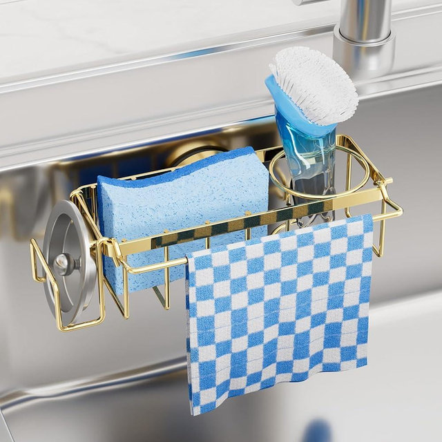 TAILI 4-in-1 Sink Caddy with Strong Suction Cup, Sponge Holder for Kitchen Sink Organizer, Removable, Rustproof, Stainless Steel Holder for Sponge, Brush, Scrubber, Scraper - Gold