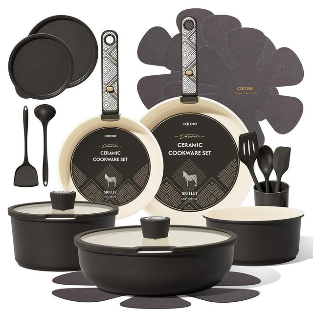 CAROTE 21-Piece Ceramic Cookware Set, Nonstick Pots and Pans Set with Detachable Handle, Non-Toxic Kitchen Cooking Set, Induction Compatible, Dishwasher & Oven Safe, Charcoal