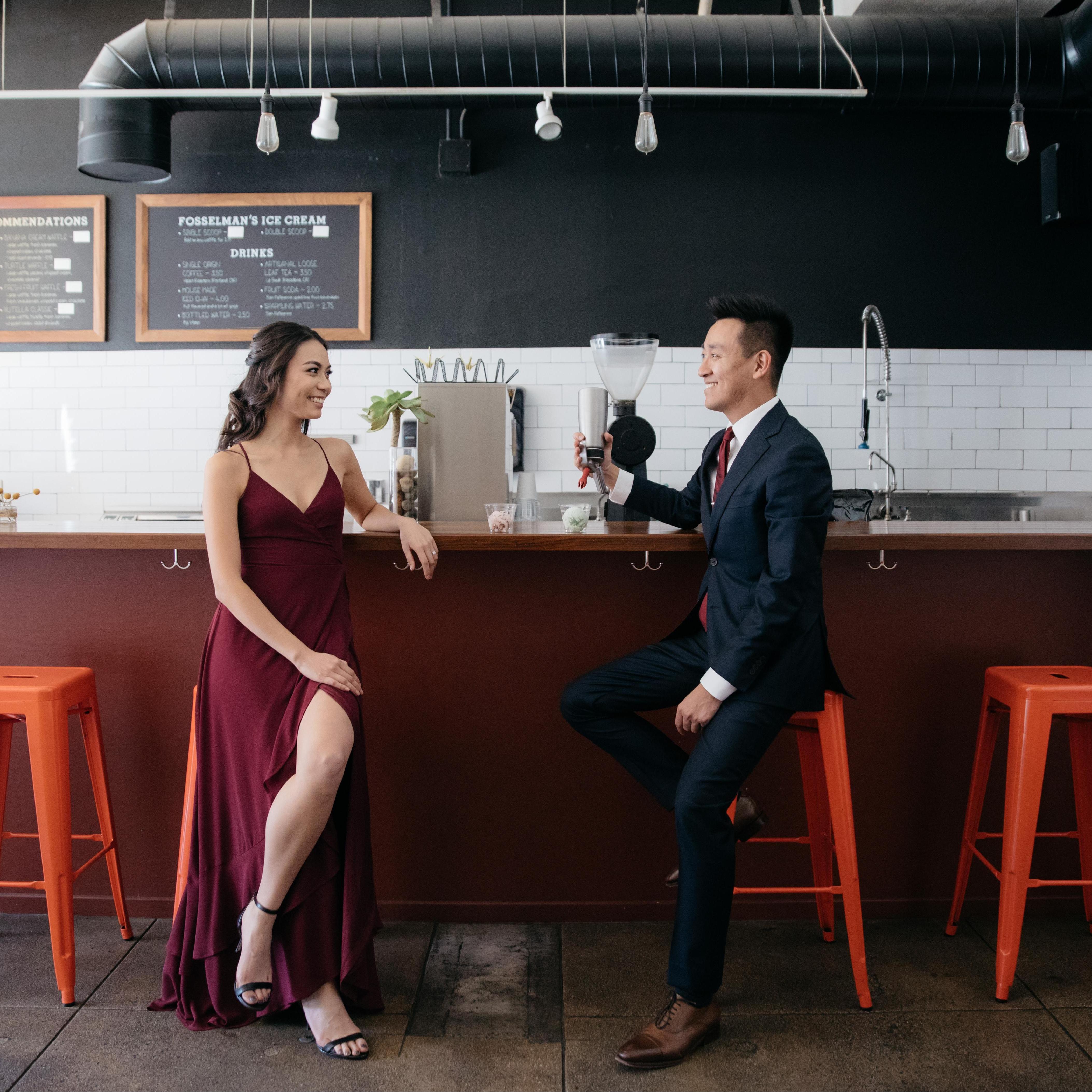 George had her at waffles. Engagement session at his store Waffles De Liege in Pasadena!