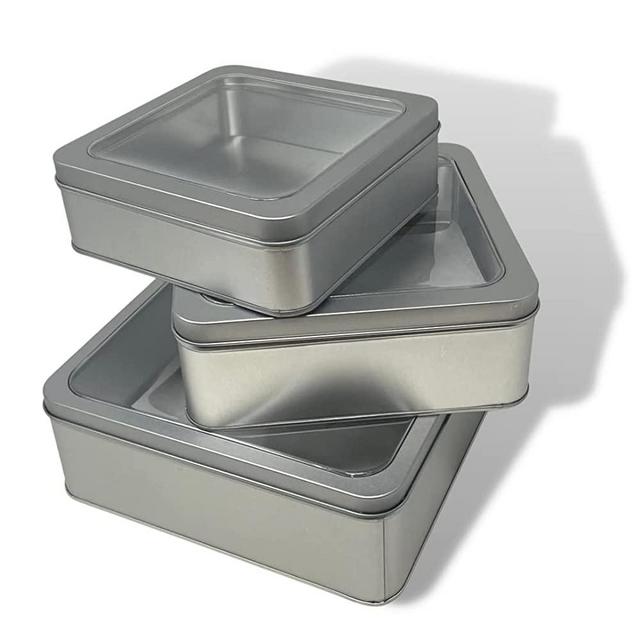 Plum Designs 3 Nested Tin Boxes - Cookie Tin Metal Box, Set of 3 Metal Storage Box with Clear Window, Tin Box with Lid- Set Includes Small, Medium and Large Cookie Tins with Lids for Gift Giving