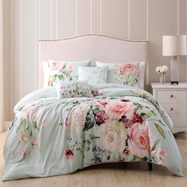 Bebejan Rose on Misty Green 100% Cotton 5 Piece Comforter Set, Misty Green Floral Roses Pattern Print Reversible Comforter Bedding Set, 1 Comforter, 2 Shams, 2 Pillows (King/Cal King)