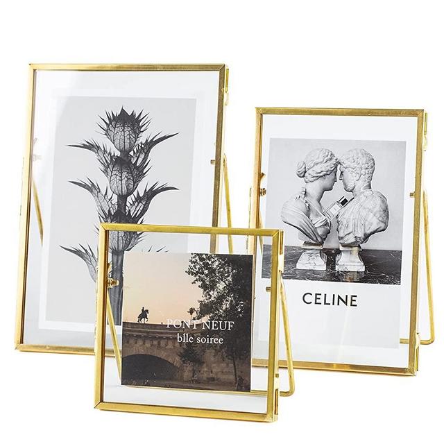 Set of 3 Glass Pressed Flowers Frame Collection, 4"x4", 4"x6", 5"x7" Gold Metal Floating Standing Glass Picture Frames, Tabletop Pressed Glass Artwork Frame Home Decor Photo Display