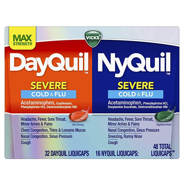 Vicks DayQuil and NyQuil SEVERE Combo, Cold & Flu Medicine, Max Strength Relief For Fever, Sore Throat, Nasal Congestion, Sinus Pressure, Stuffy Nose, Cough, 48 Count, 32 DayQuil, 16 NyQuil