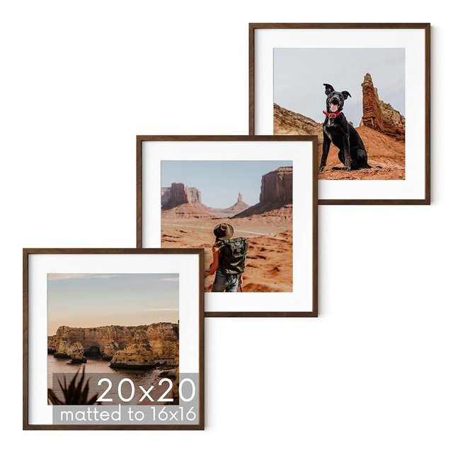 HAUS AND HUES Walnut Oak Wood 20x20 Picture Frames - Set of 3, Square Frames with Mat, Elegant Frames for Posters and Artwork (20x20 in, Walnut, Set of 3)