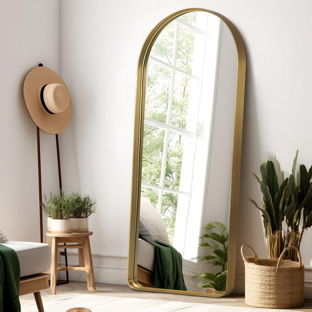 Dovelina Modern Arched Metal Frame Full Length Mirror Large Wall Mounted Mirror - 71"x32", Gold
