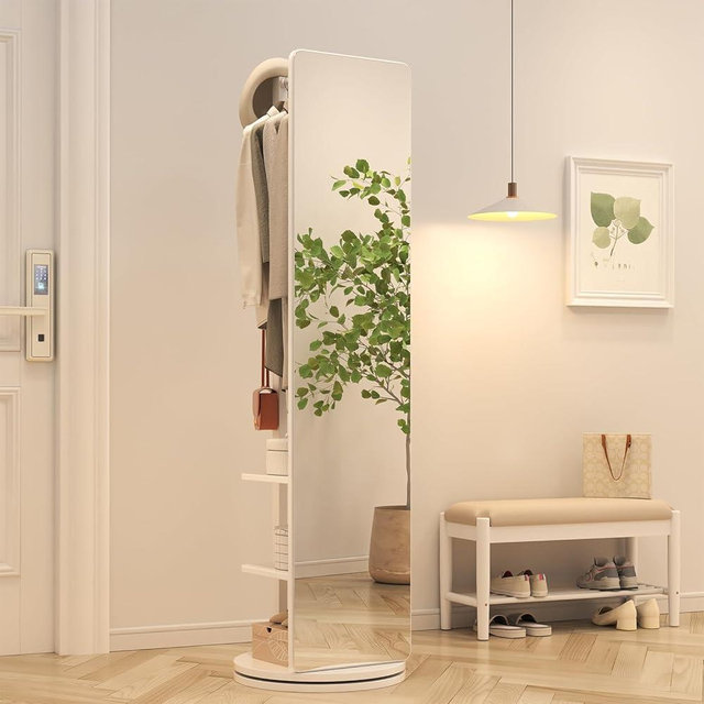 Muwuele Solid Wood Rotary Full Length Mirror Coat Rack, 70" x 20" Oversize Standing Mirror Full Length, Floor Mirror for Bedroom, Living Room, Entryway (White)