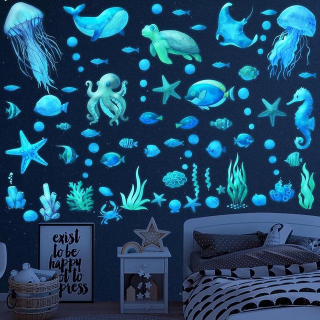 Ocean Fish Wall Decals,Glow in The Dark Under The Sea Wall Decals Sea Life Animals Wall Stickers Removable Waterproof Peel and Stick for Boys Kids Bathroom Watercolor Ocean Creatures Decor(Upgrade)