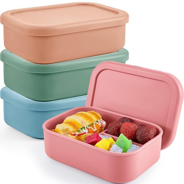 Layhit 4 Pcs Silicone Bento Box Reusable 3 Compartment Silicone Bento Lunch Container for Adults Microwave Dishwasher Freezer Safe(Multi Color)