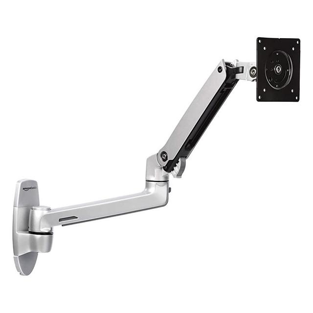 Amazon Basics Premium Wall Mount Computer Monitor and TV Stand - Lift Engine Arm Mount, Aluminum – Silver