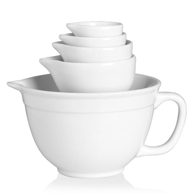 Sweejar Porcelain Mixing Bowl with Scale, Ceramic Serving Container for Kitchen, Nesting Bowl with Handle, Using for Baking, Prepping, Cooking, Set of 5 (White)