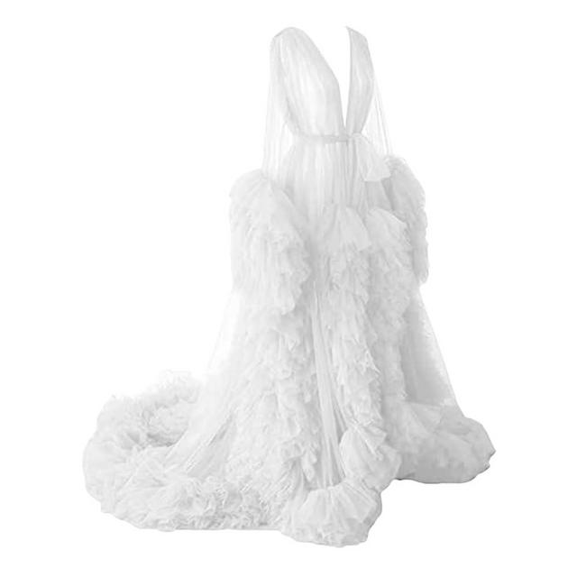 BATHGOWN Sexy Illusion Long Lingerie Tulle Robe Nightgown Bathrobe Sleepwear Bridal Robe Wedding Scarf