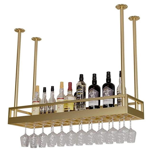 KEPMOGOH Ceiling Wine Glass Rack, Adjustable Hanging Metal Wine Holder Cabinet, Floating Iron Bottle Holder Wine Shelf, Wall-Mounted Wine Rack Storage Shelve for Bar Cafe Kitchen Party (39.4in)