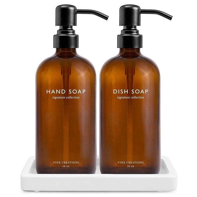 Vine Creations Amber Glass Soap Dispenser Set, Kitchen Soap Dispenser Set with Ceramic Tray, 16 oz Dish Soap and Hand Soap Dispensers with Stainless Steel Pump Decor (Amber Bottle/Matte Black)