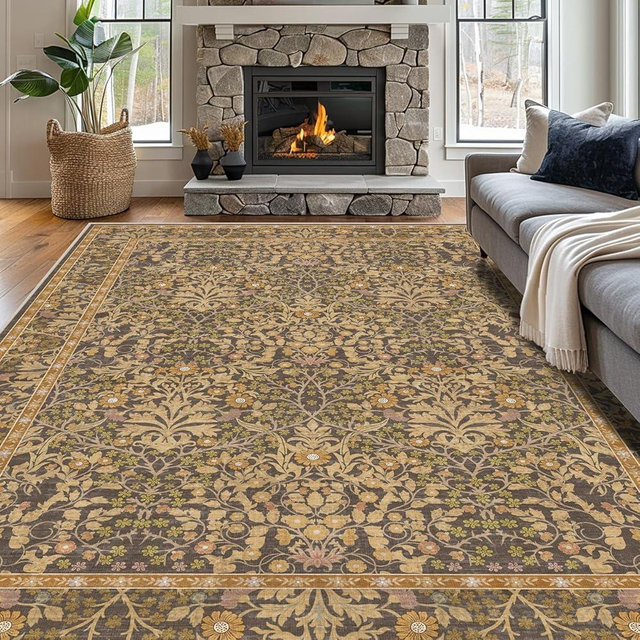 shinefly 8x10 Washable Area Rugs for Living Room, Stain Resistant Vintage Rugs for Dining Room Under Kitchen Table, Bedroom, Floral Low Pile Non-Slip Large Carpet (8 x 10 Goldenrod)