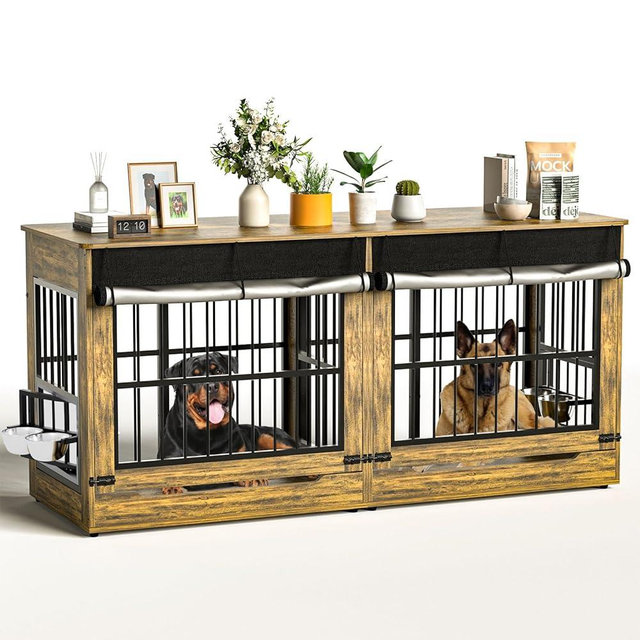 HugCoz 78" Double Dog Crate Furniture with Divider, Thick Wooden Indoor Dog Kennel Furniture with Swivel Bowls for 2 Dogs, Decorative Pet Cage End Table with Wheels for Extra Large Breed, Rustic Brown