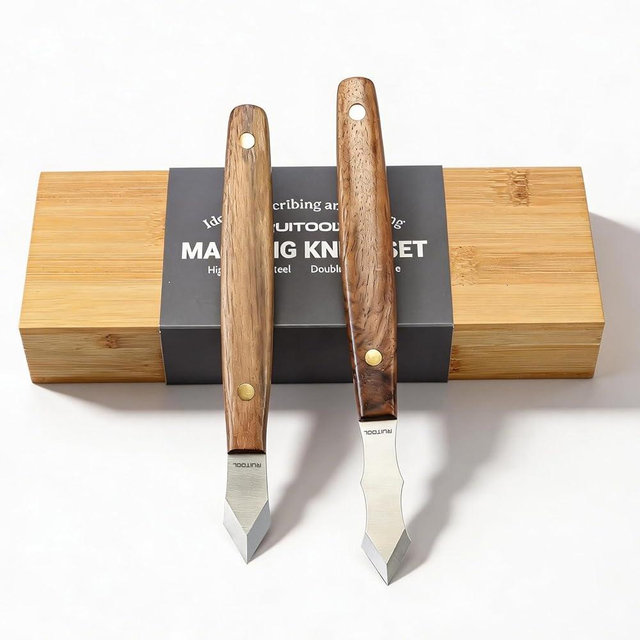 RUITOOL Profession Marking Knife Set for Woodworking, Ambidextrous Scribe Tool with Bamboo Storage Box, High Carbon Steel Double Beveled Blade with Wooden Handle, Precision for Carpenter, DIY Handyman