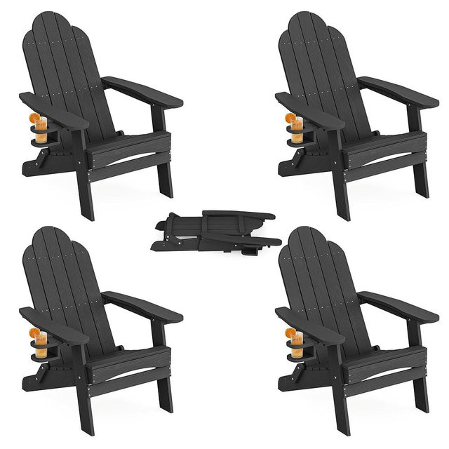 LUE BONA Folding Adirondack Chair, Chairs Set of 4, Cup Holder, Woodgrain, Fire Pit, Patio, Pool, Black