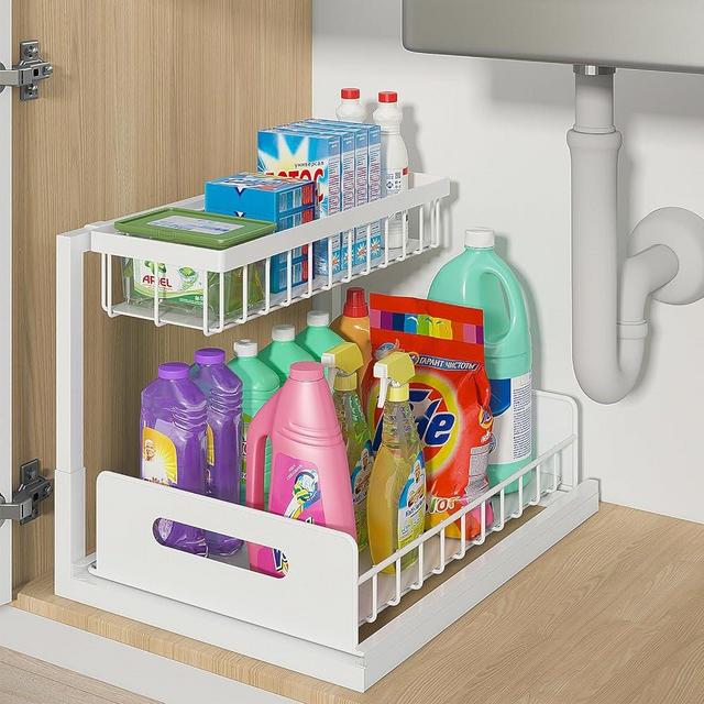 Bukfen Under Sink Organizer, Pull Out Cabinet Organizer 2-Tier Slide Out Sliding Shelf Under Cabinet Storage Multi-Use for Under Kitchen Bathroom Sink Organizers and Storage,White,1 Pack