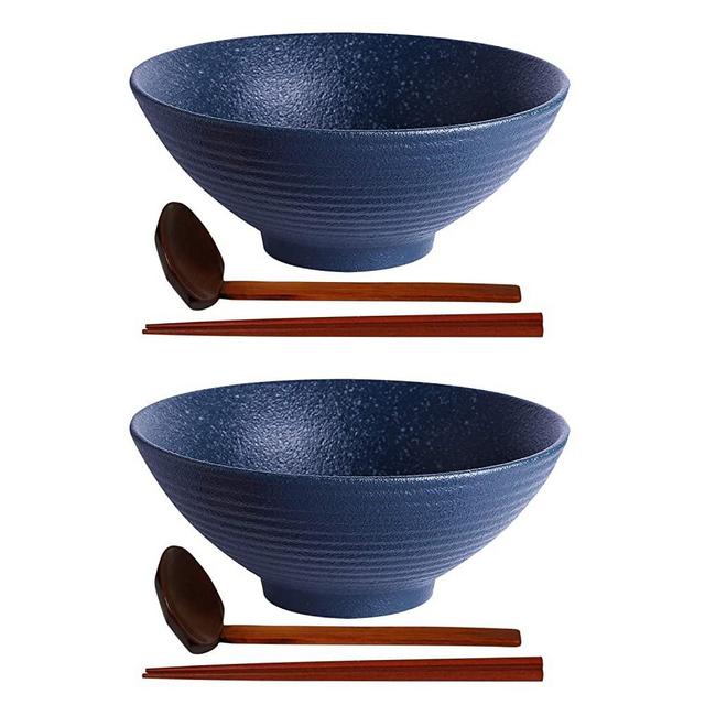 Kanwone Ceramic Japanese Ramen Bowl Set, Soup Bowls - 60 Ounce, with Matching Spoons and Chopsticks for Udon Soba Pho Asian Noodles, Set of 2, Navy