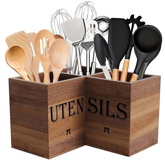 Suli Extra Large Kitchen Utensils Holder with 3 Compartments,Corner Utensil Caddy for Countertop,Acacia Wood Utensil Organizer for Kitchen Countertop, Farmhouse Decor-Acacia Brown