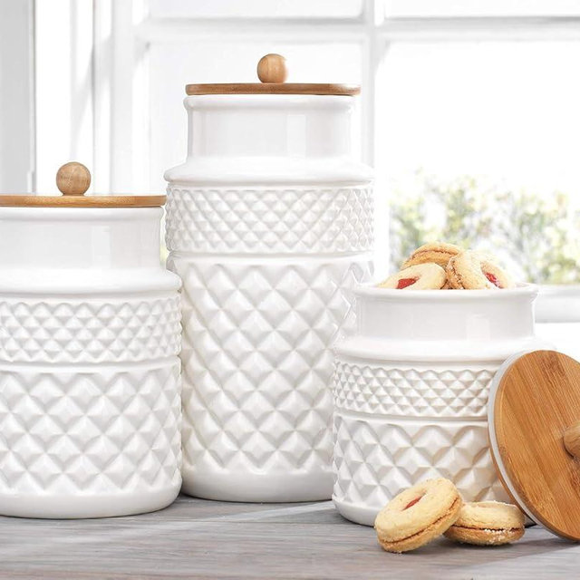 MosJos Set of 3 White Canisters Embossed Faceted Ceramic, 3 Round Jars with Bamboo Lid and Rubber Gasket for Kitchen - Food Storage.