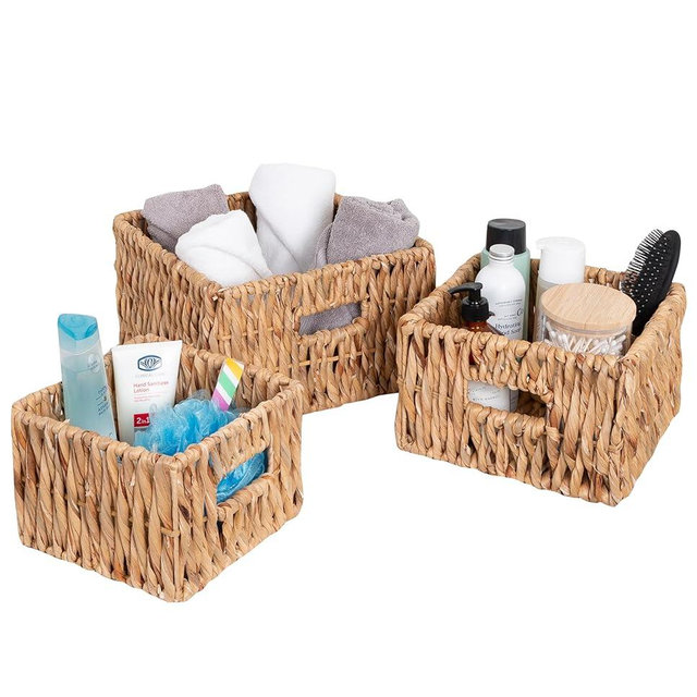 Set of 3 Square Wicker Baskets With Built in Handles, Multipurpose Storage Bins, Natural