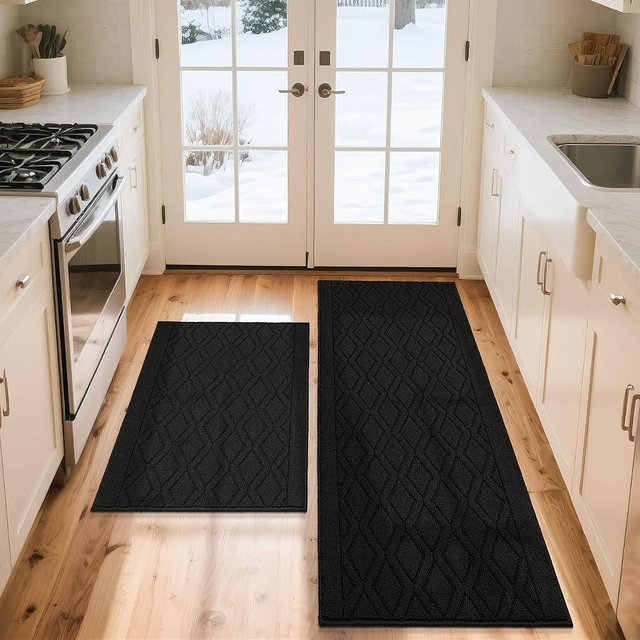 COSY HOMEER 60x24Inch/35X24Inch Kitchen Rugs Sets Non-Slip Washable Kitchen Mats for Floor Polypropylene Absorbent Kitchen Runner for Kitchen Sink Hallway Entryway(Black)