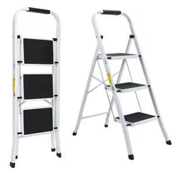 maocao hoom 3.3 ft. Reach 3-Step Iron Ladder Foldable Non-Slip Outdoor Ladder Loading 500 lbs. for Home, Kitchen, Office, White ctcxyF1-T3W