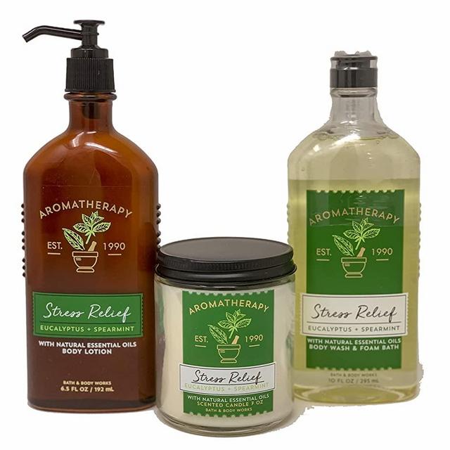 Bath & Body Works Aromatherapy Stress Relief Diffuser, Prime Spa Gift Set Wellness Bundle, Eucalyptus Spearmint Body Lotion + Body Wash & Foam Bath + Wick Candle, Relax Essential Oils