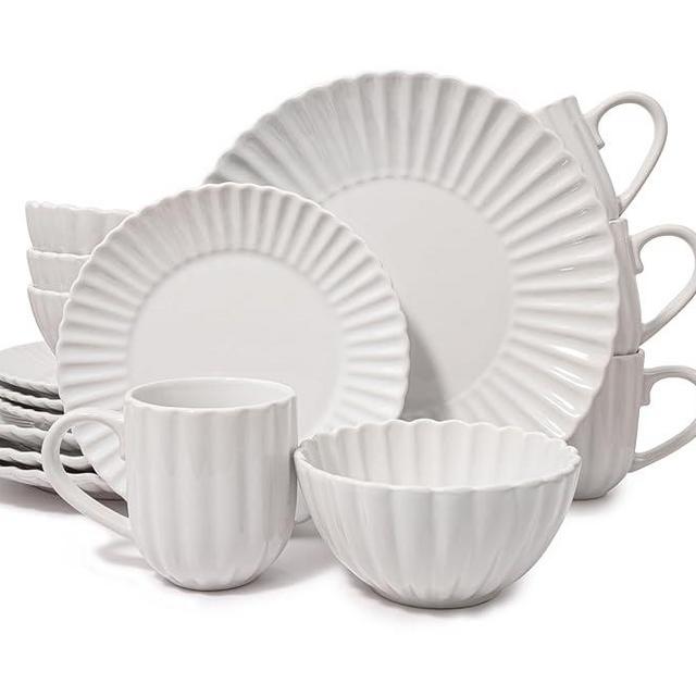 Square House 16 Piece Dinnerware Set Aruba (White Sand Dollar) Plates, Bowls, and Mugs Set for 4